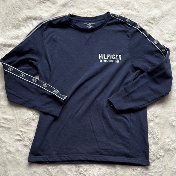 Tommy Hilfiger Navy Long Sleeve Logo Top | 60% Cotton Crewneck Tee - Picture 1 of 5
